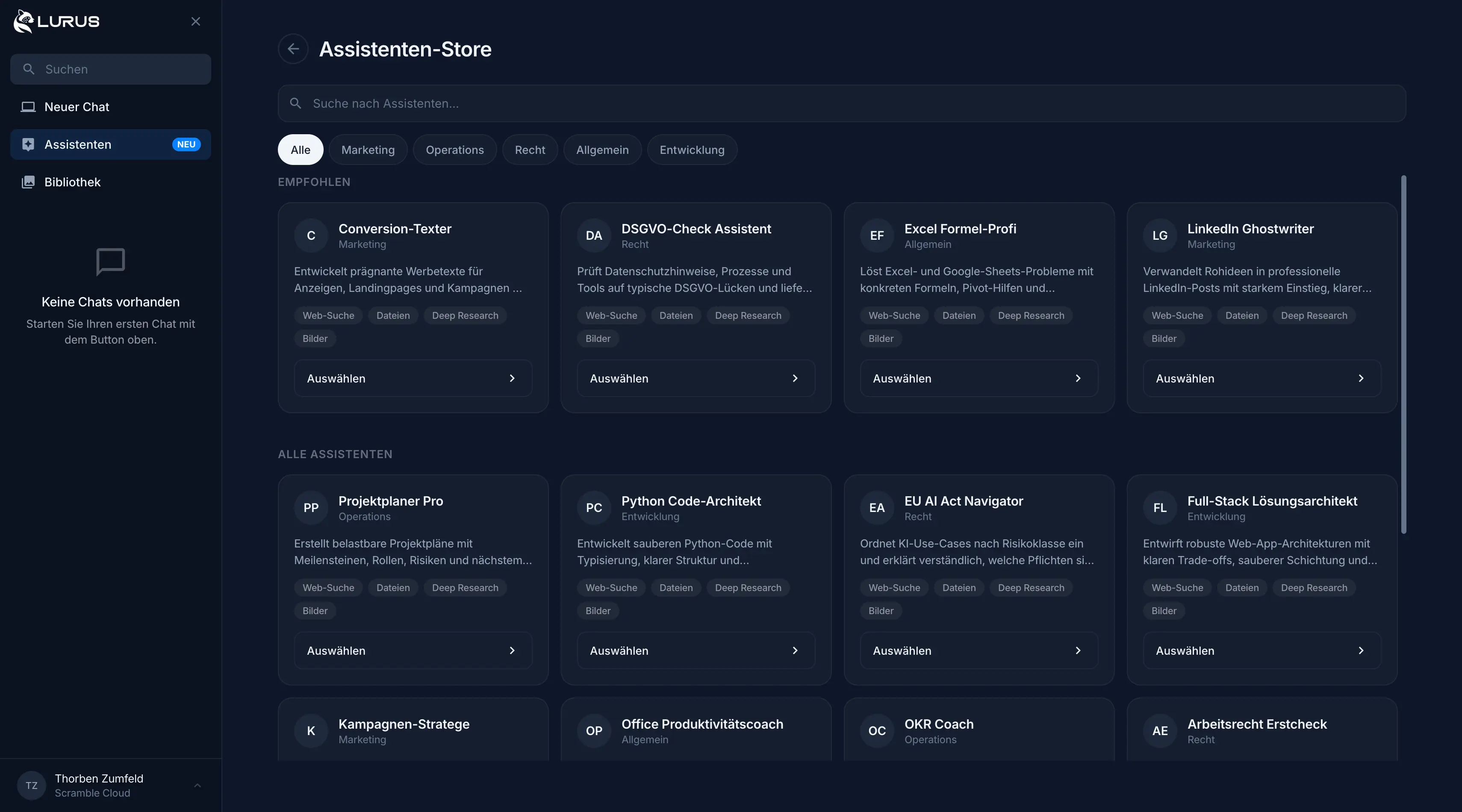 Lurus Assistenten-Store mit vorgefertigten Assistenten für verschiedene Aufgaben