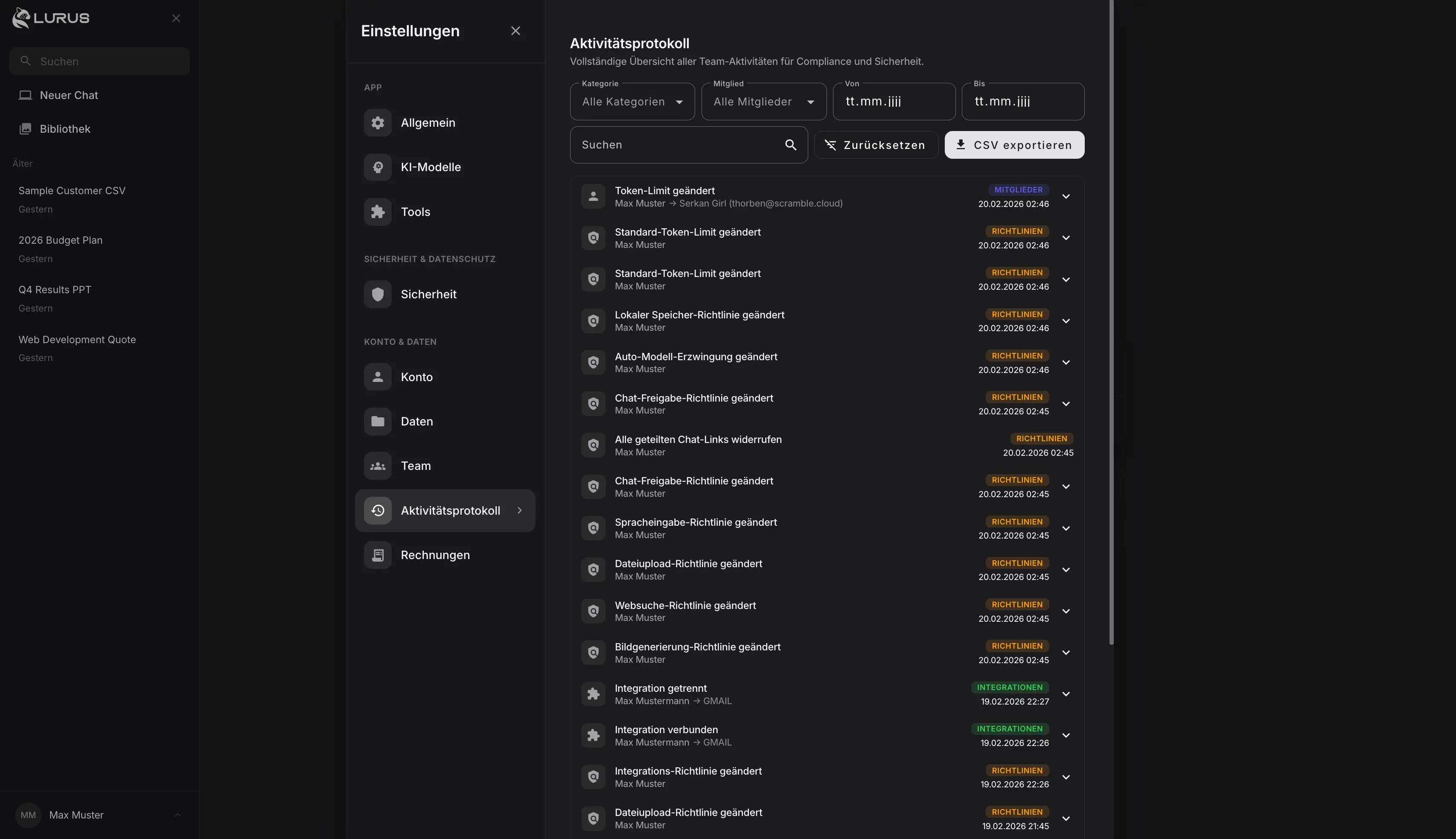 Lurus Audit Logs Übersicht aller Team-Aktivitäten