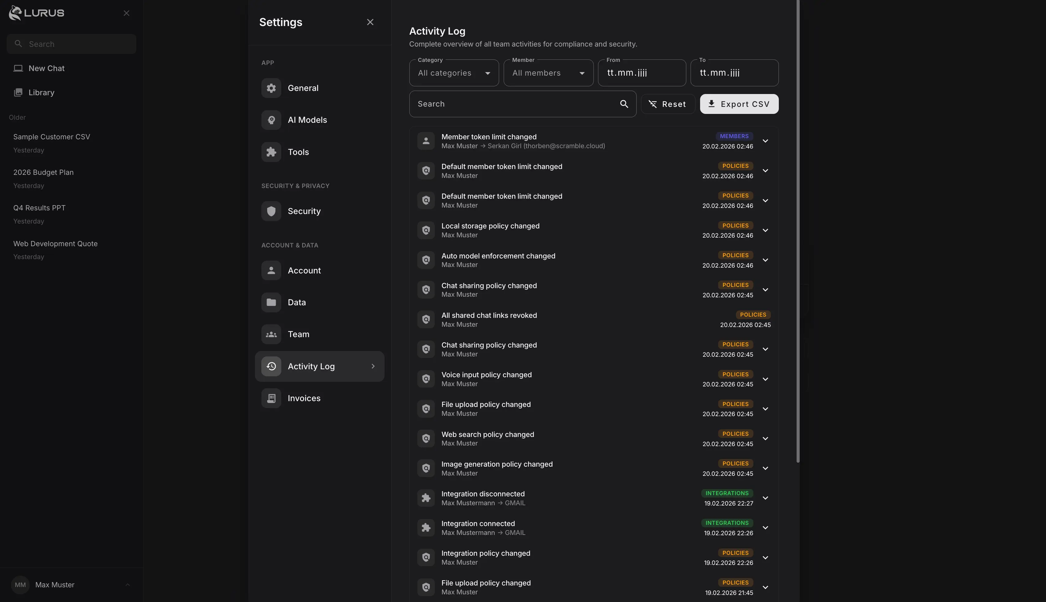 Lurus Audit Logs overview of all team activities