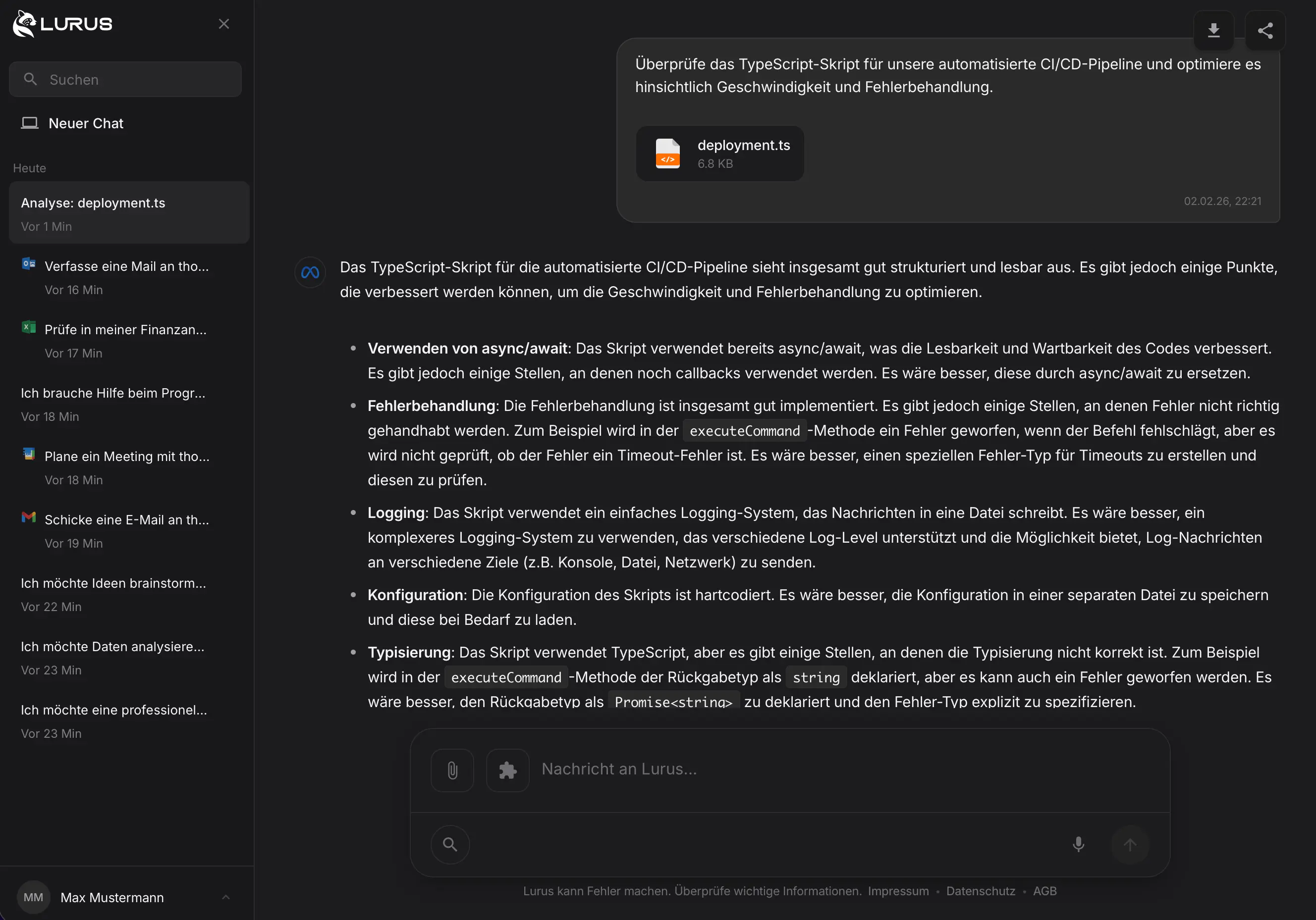 Lurus KI-Agent Oberfläche im Dark Mode – Developer