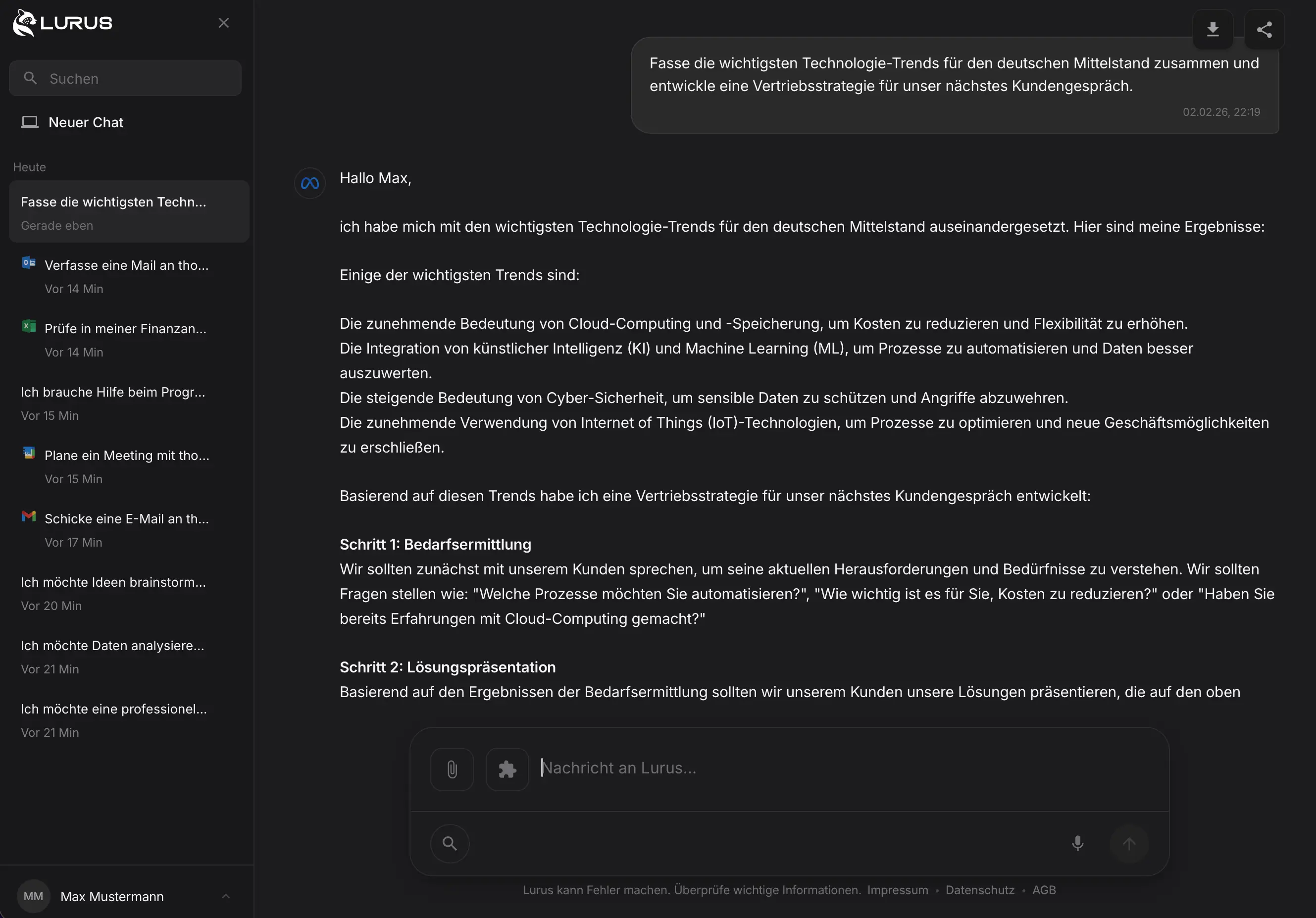 Lurus KI-Agent Oberfläche im Dark Mode – Finance