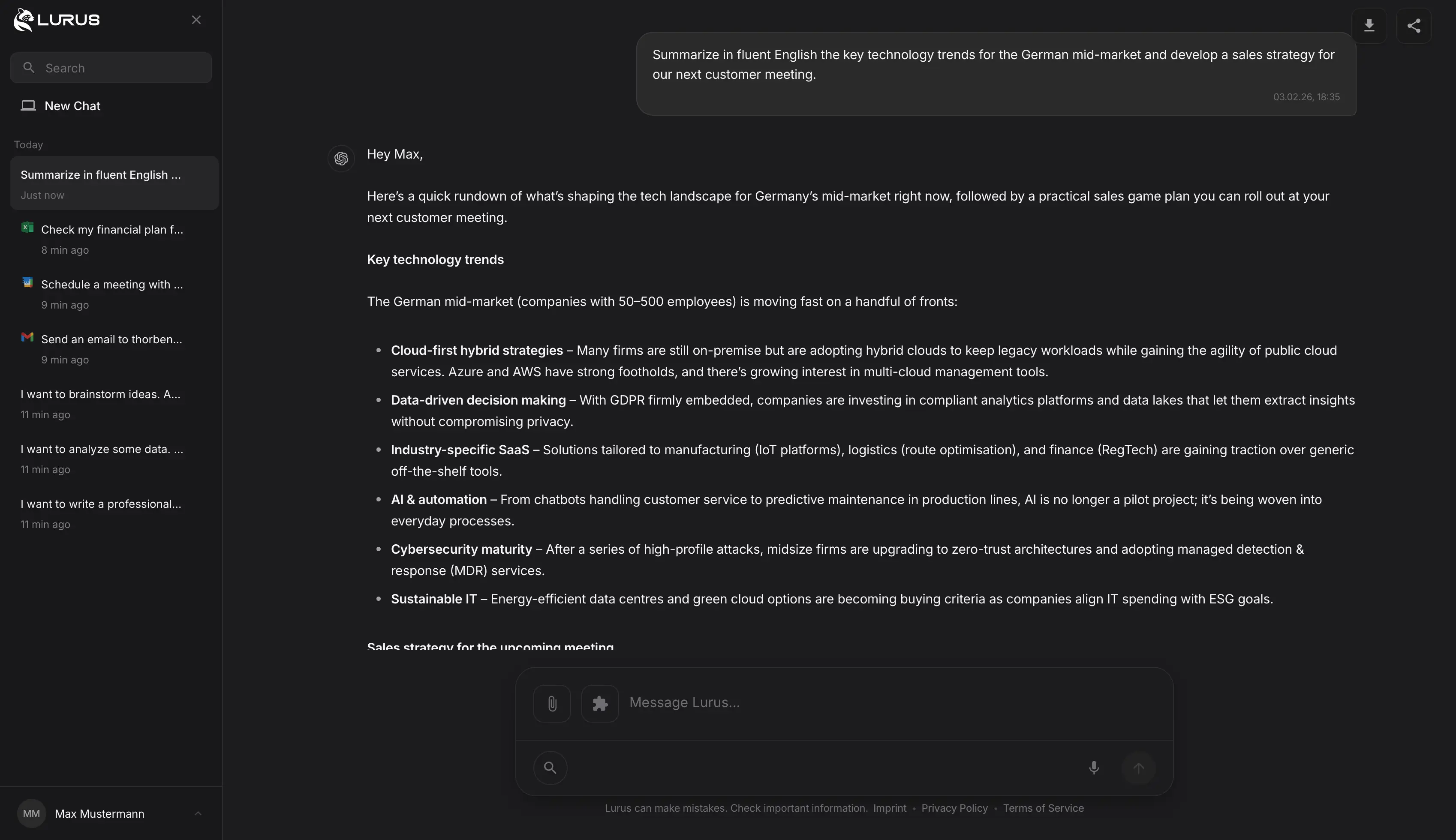 Lurus AI agent interface in dark mode – Finance