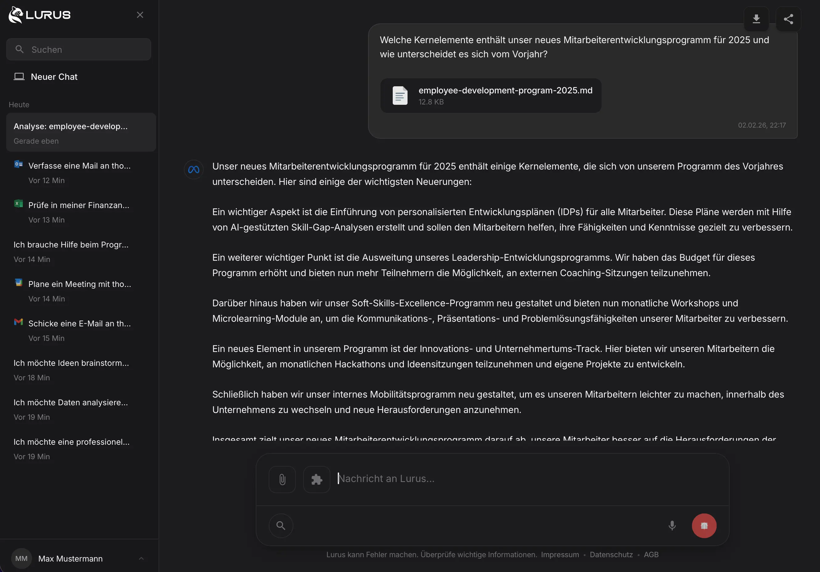 Lurus KI-Agent Oberfläche im Dark Mode – Organisation