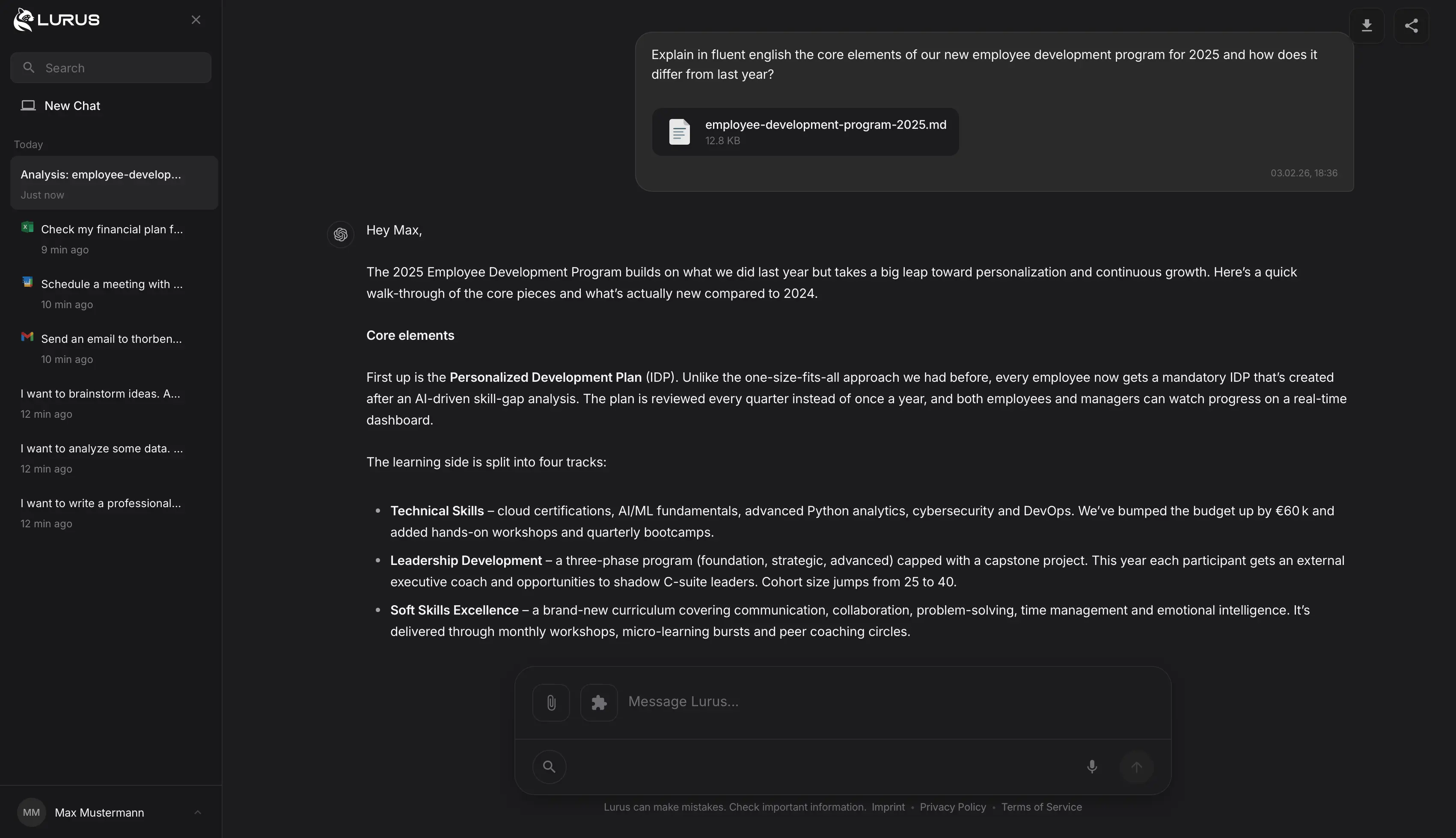 Lurus AI agent interface in dark mode – HR
