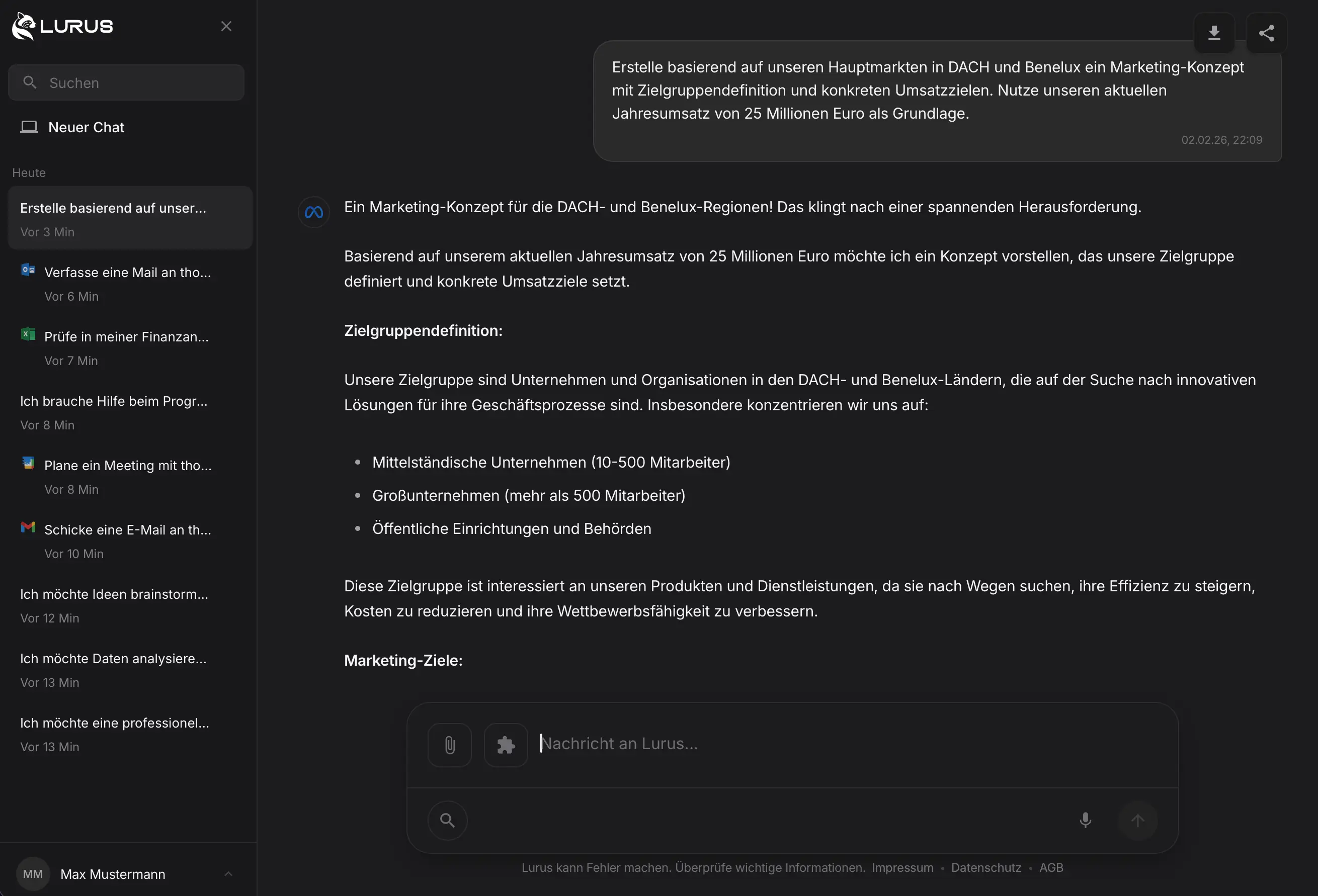 Lurus KI-Agent Oberfläche im Dark Mode – Marketing