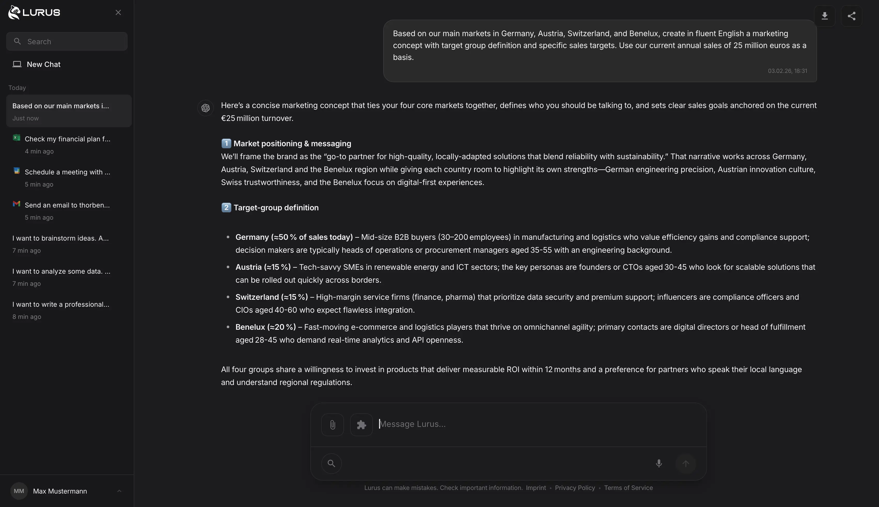 Lurus AI agent interface in dark mode – Marketing