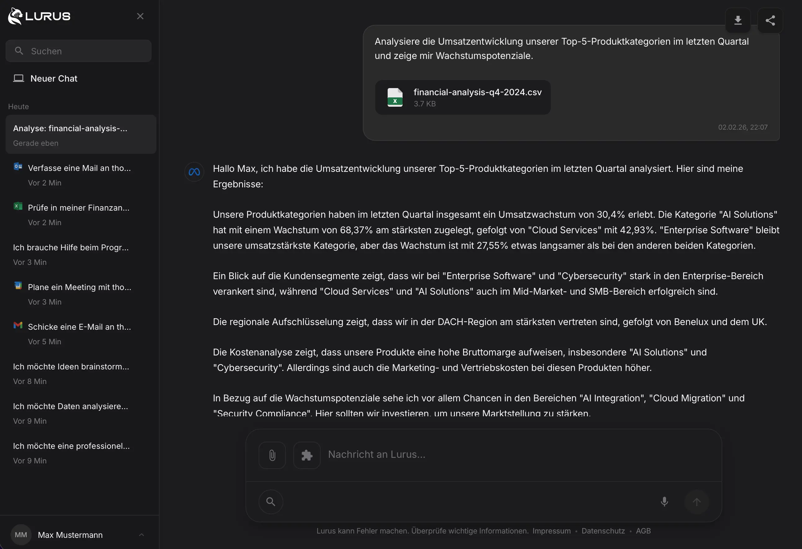 Lurus KI-Agent Oberfläche im Dark Mode – Sales