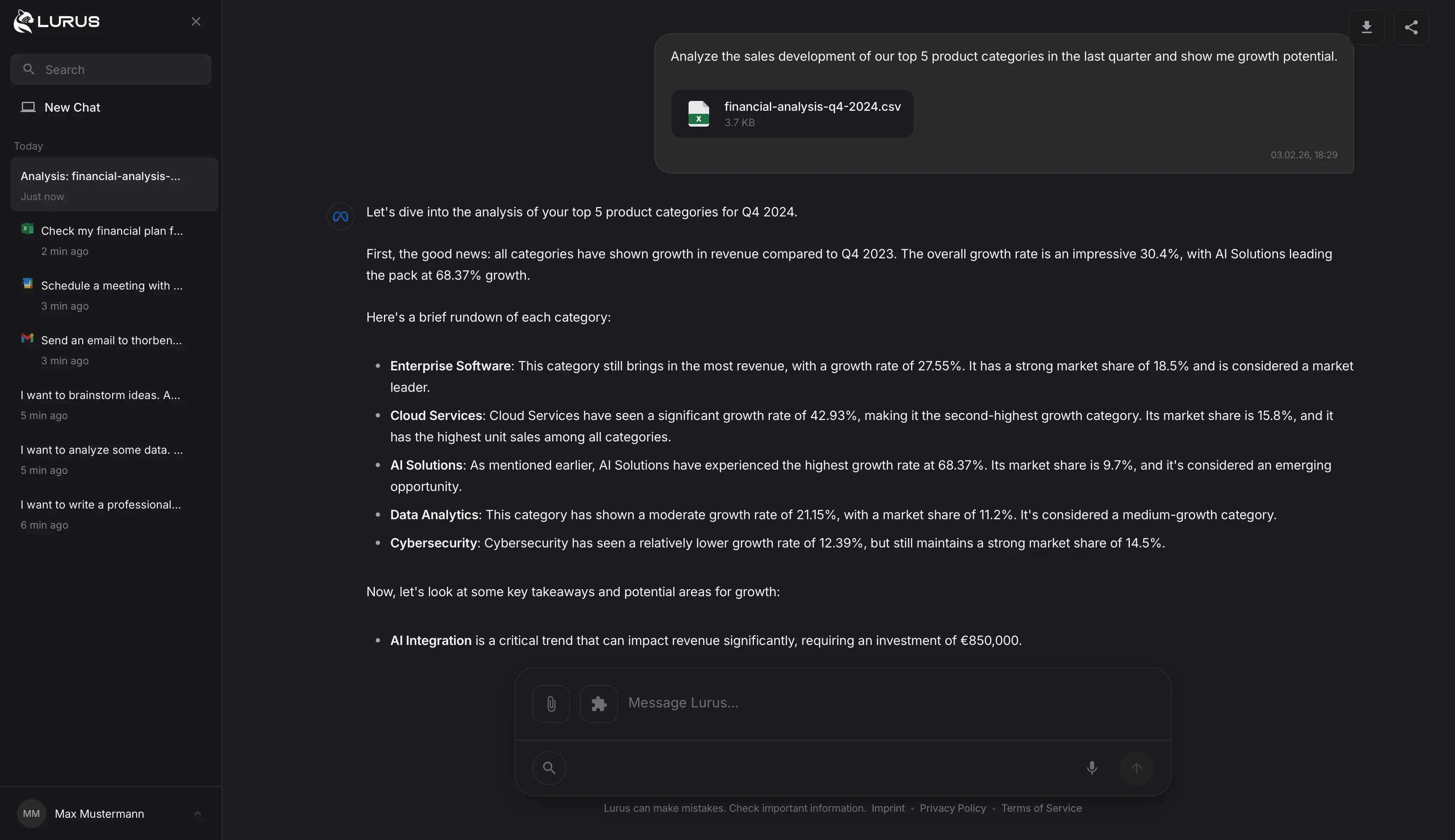 Lurus AI agent interface in dark mode – Sales