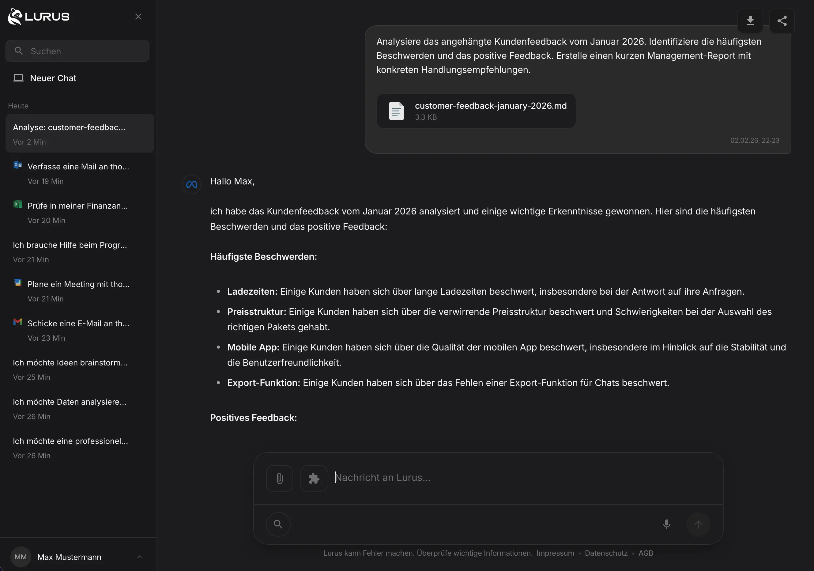 Lurus KI-Agent Oberfläche im Dark Mode – Support