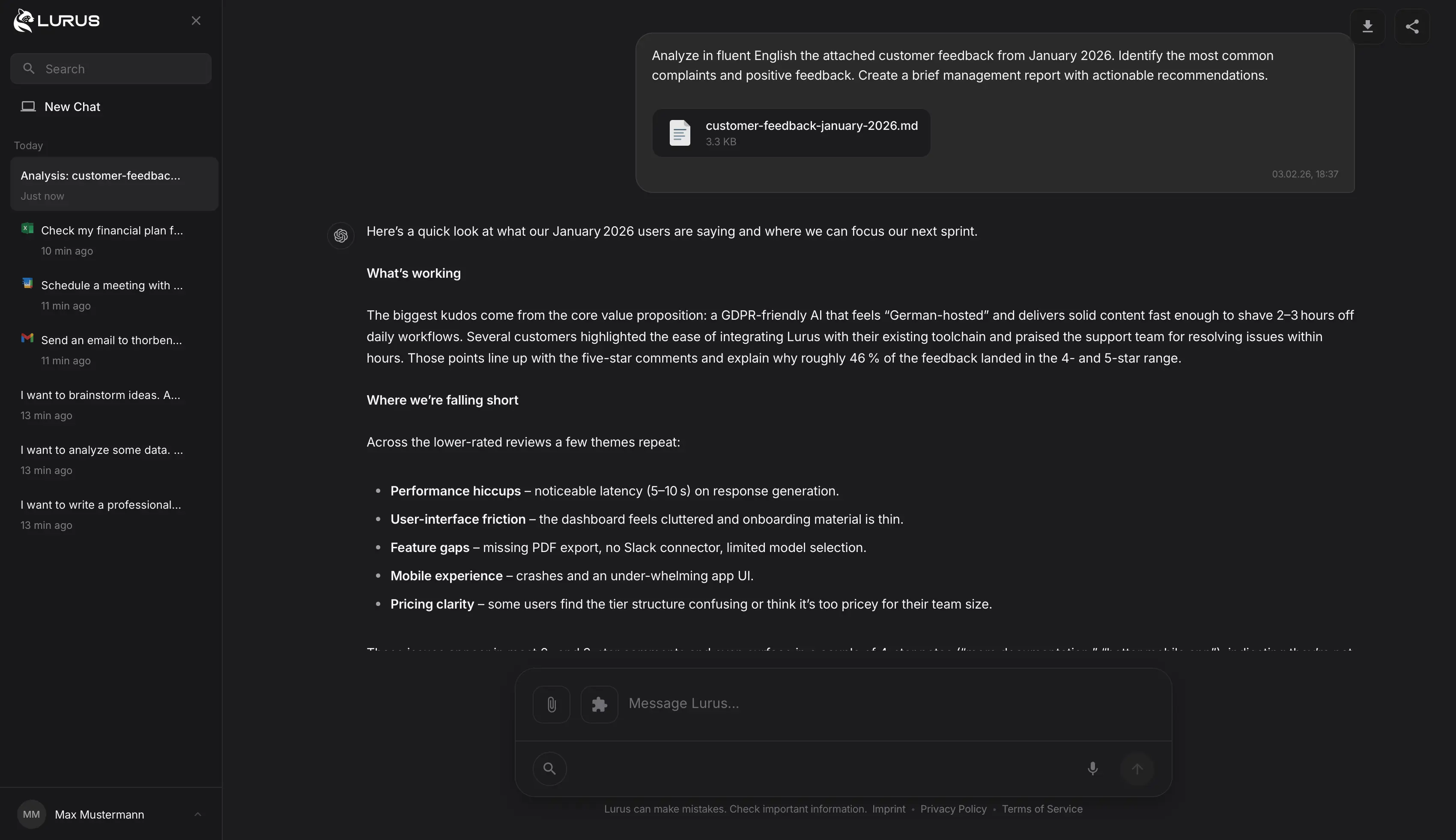 Lurus AI agent interface in dark mode – Support
