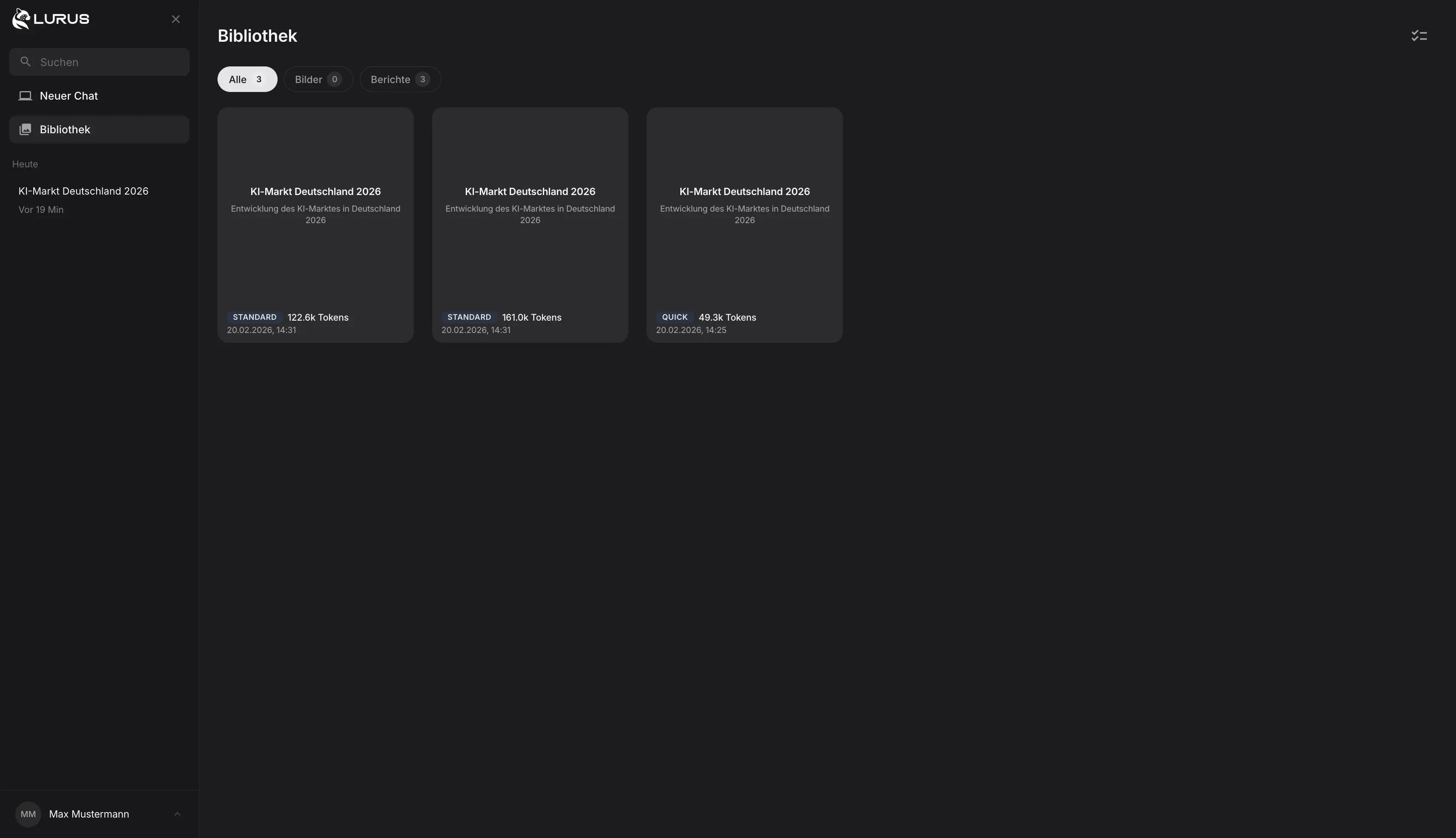 Lurus Deep Research Bibliothek mit gespeicherten Forschungsberichten
