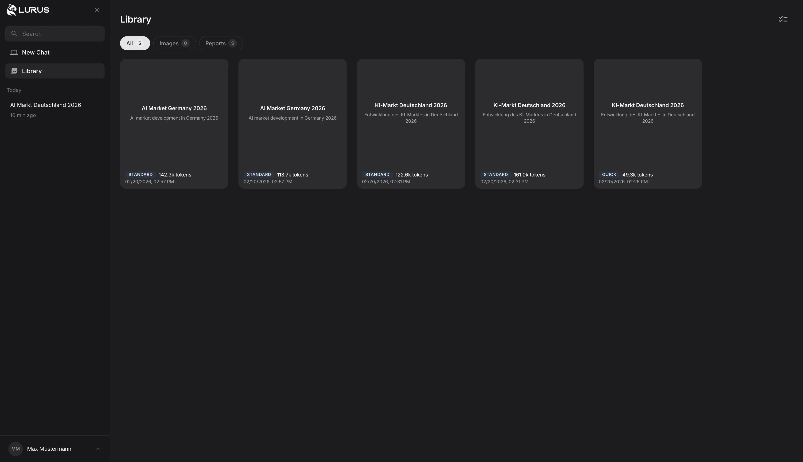 Lurus Deep Research library with saved research reports