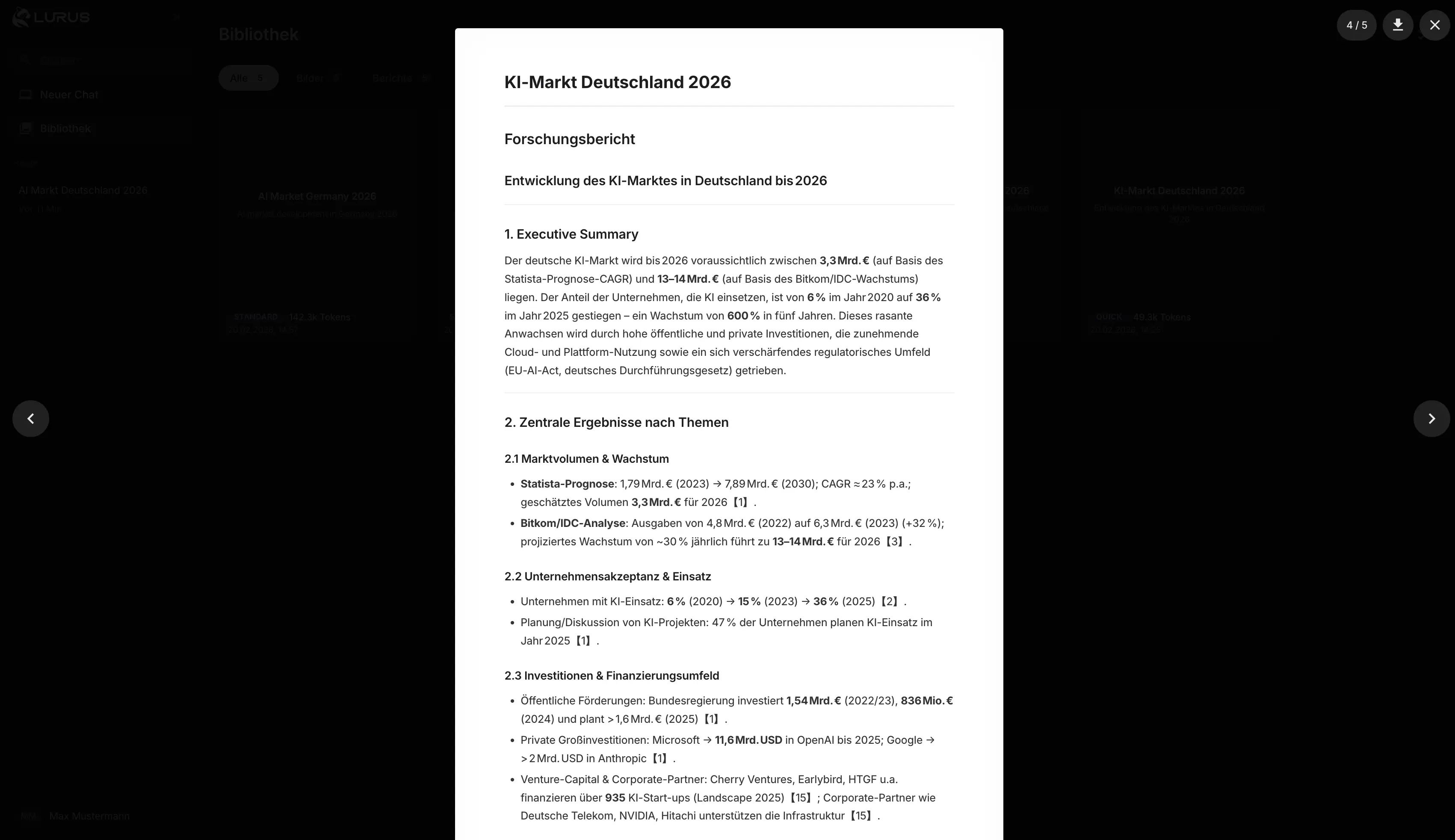 Lurus – Strukturierte Forschungsberichte mit Quellenangaben – Screenshot