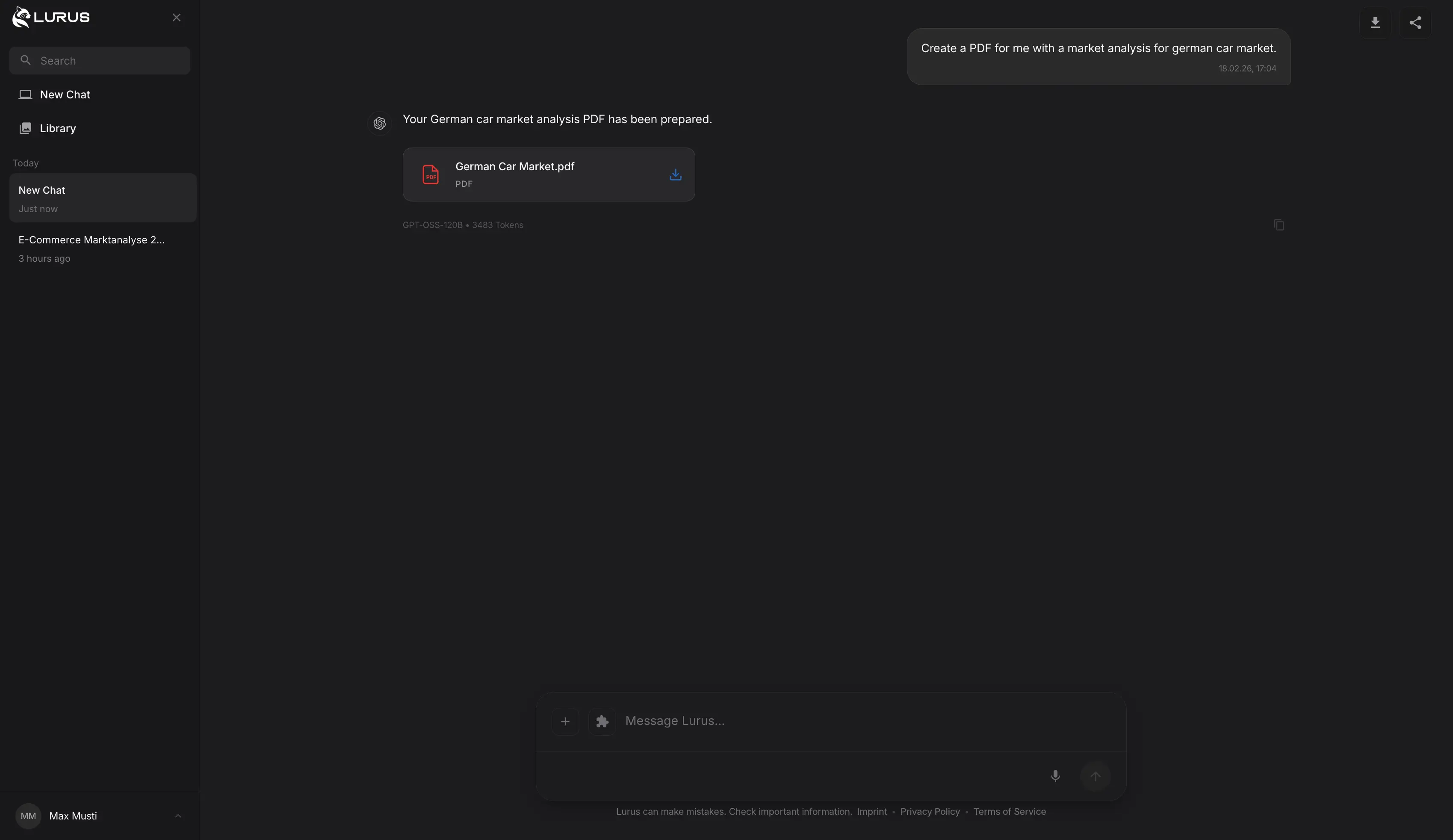 Lurus Document Generation – Create PDF in chat