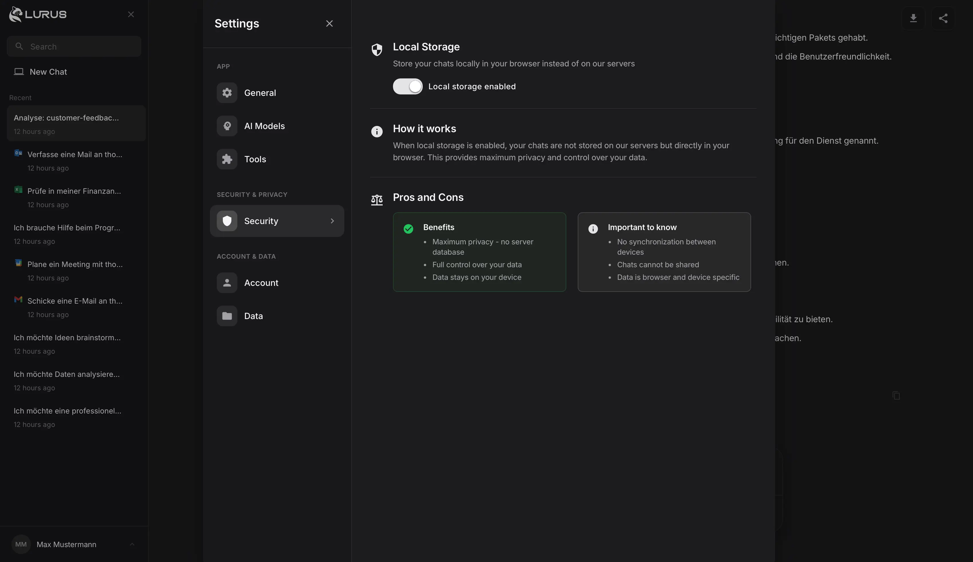 Lurus – Maximale Privatsphäre mit lokaler Speicherung – Screenshot
