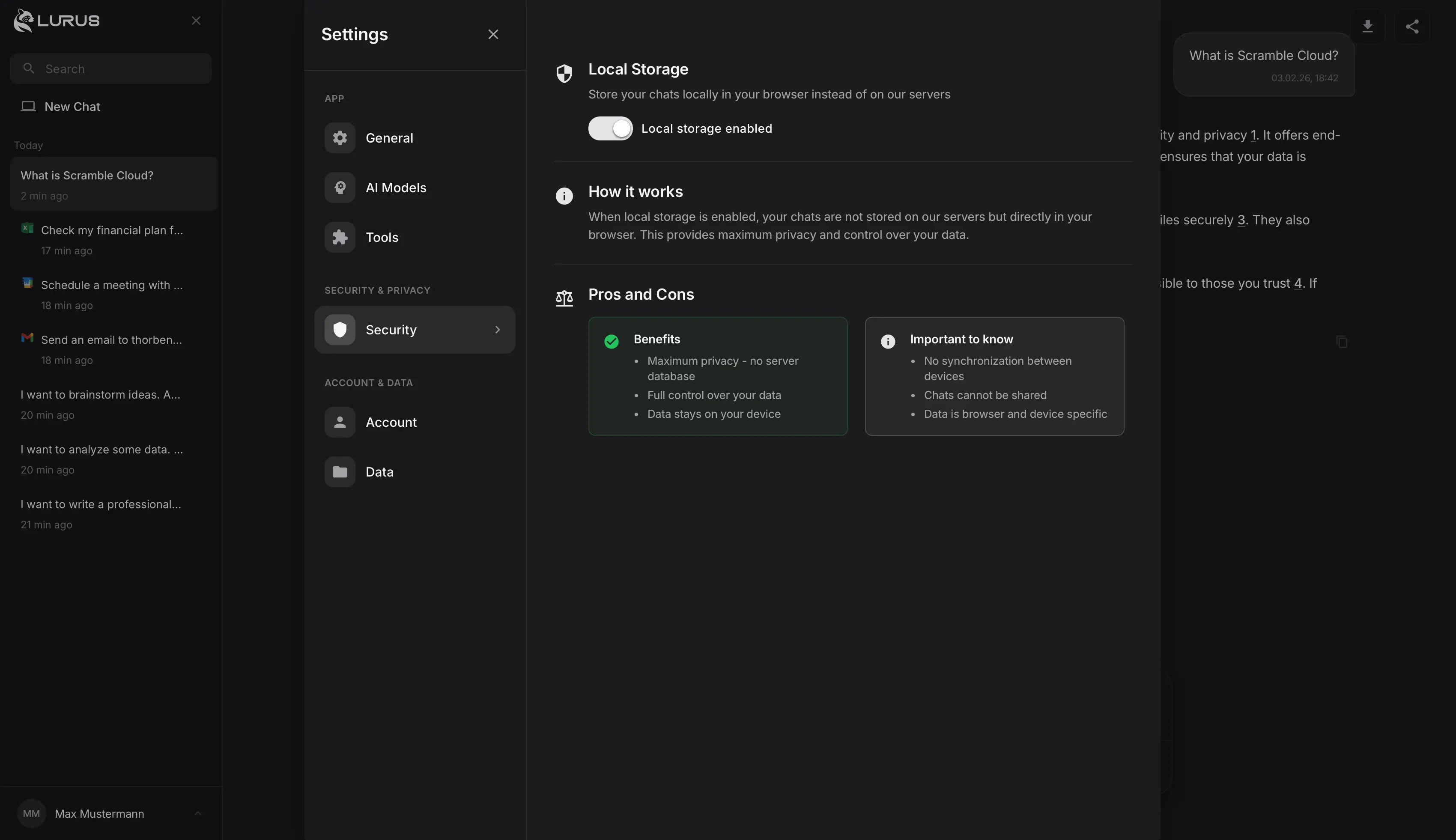 Lurus – Maximum Privacy with Local Storage – Screenshot