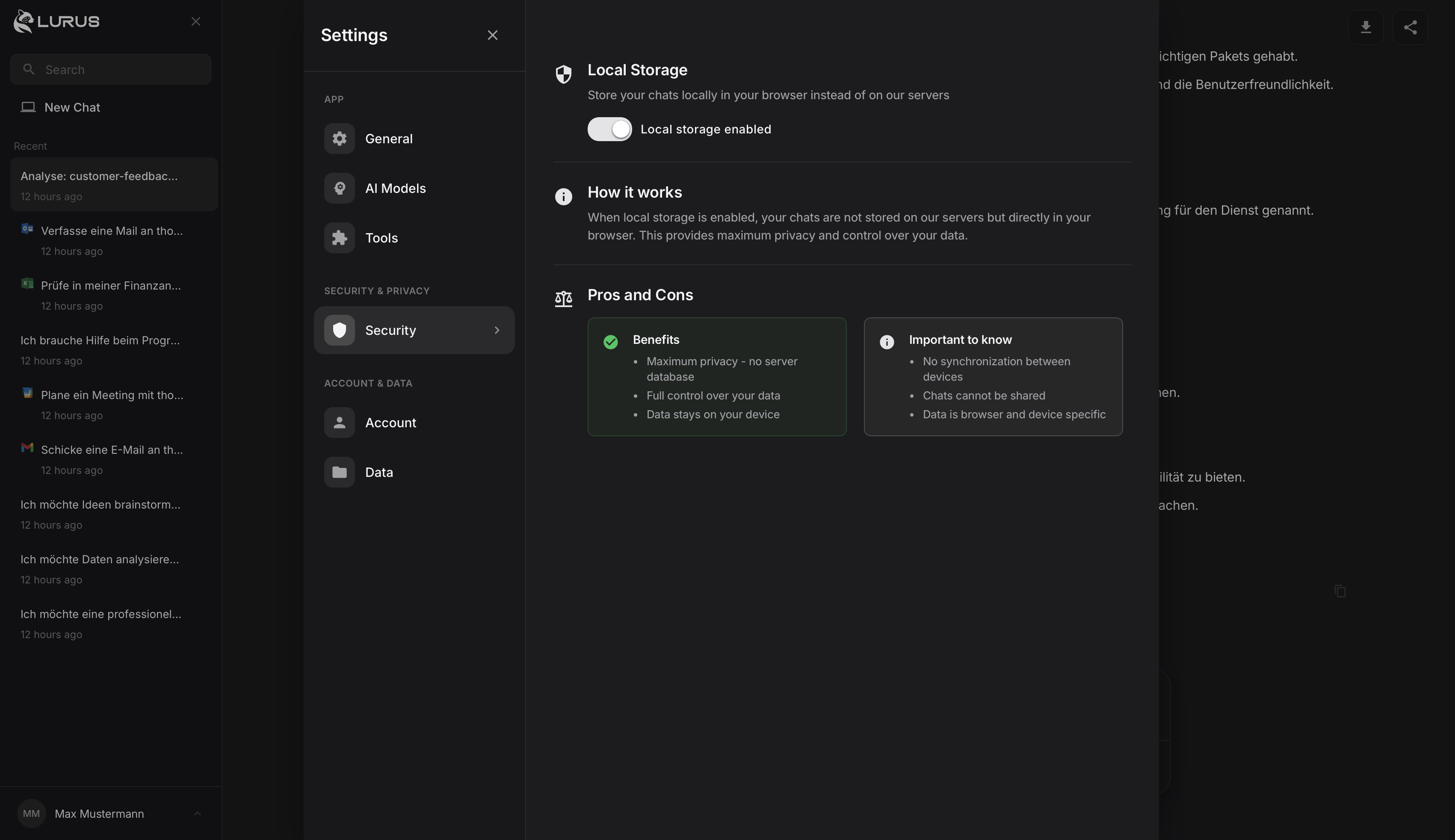 Lurus Lokale Speicherung Einstellungen
