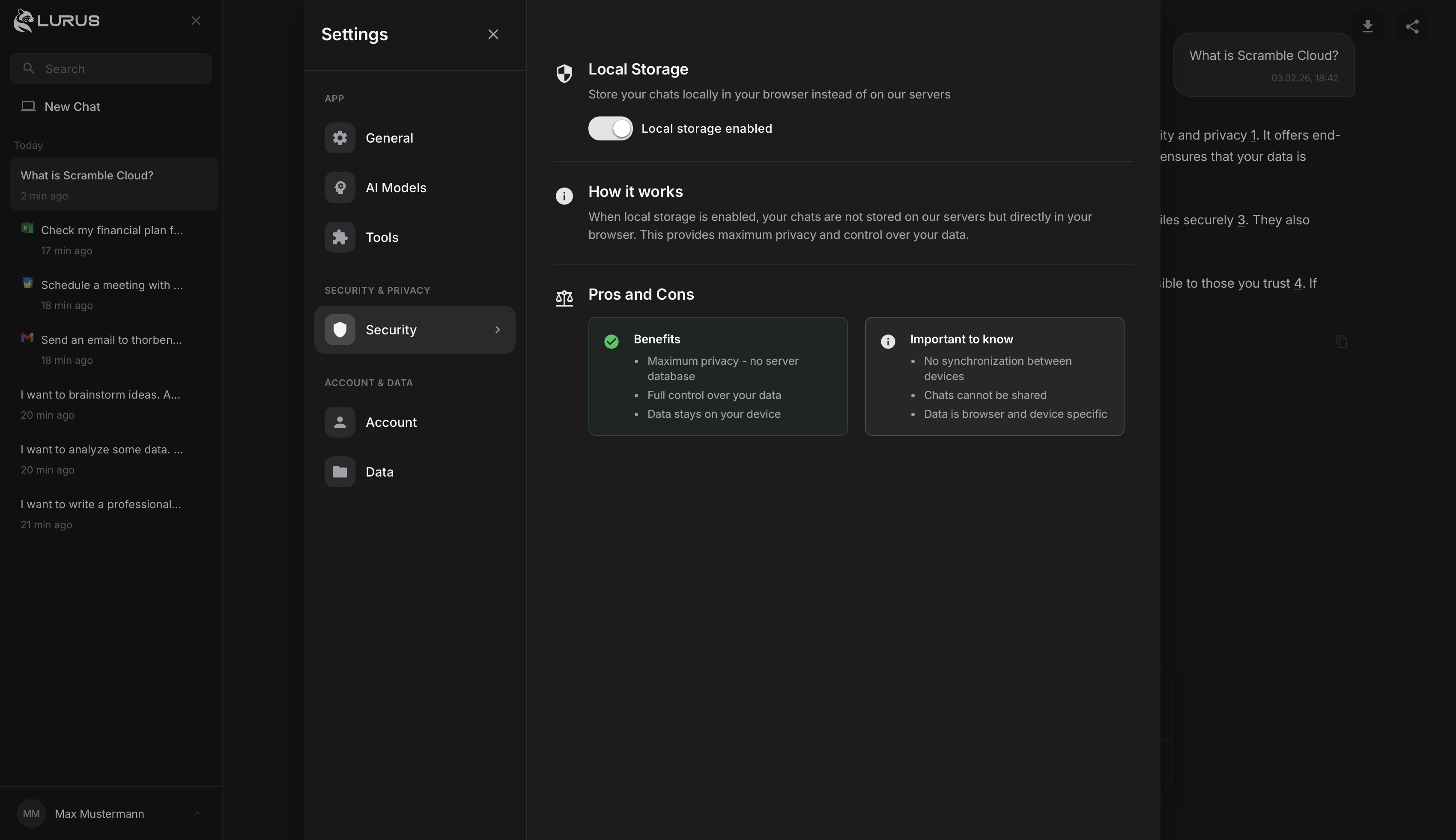 Lurus Local Storage Settings