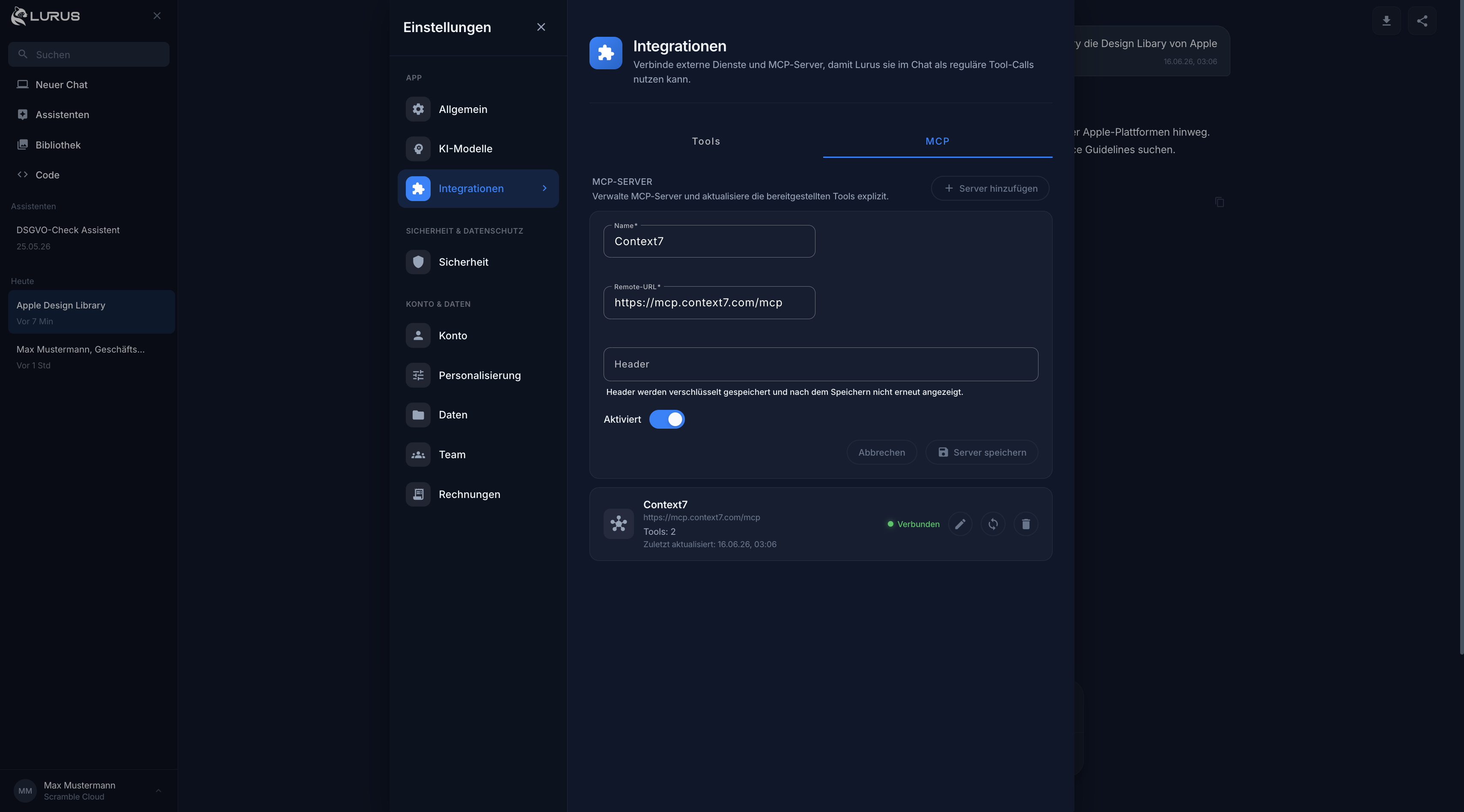 Externe Tool-Server. Direkt im Lurus Chat.