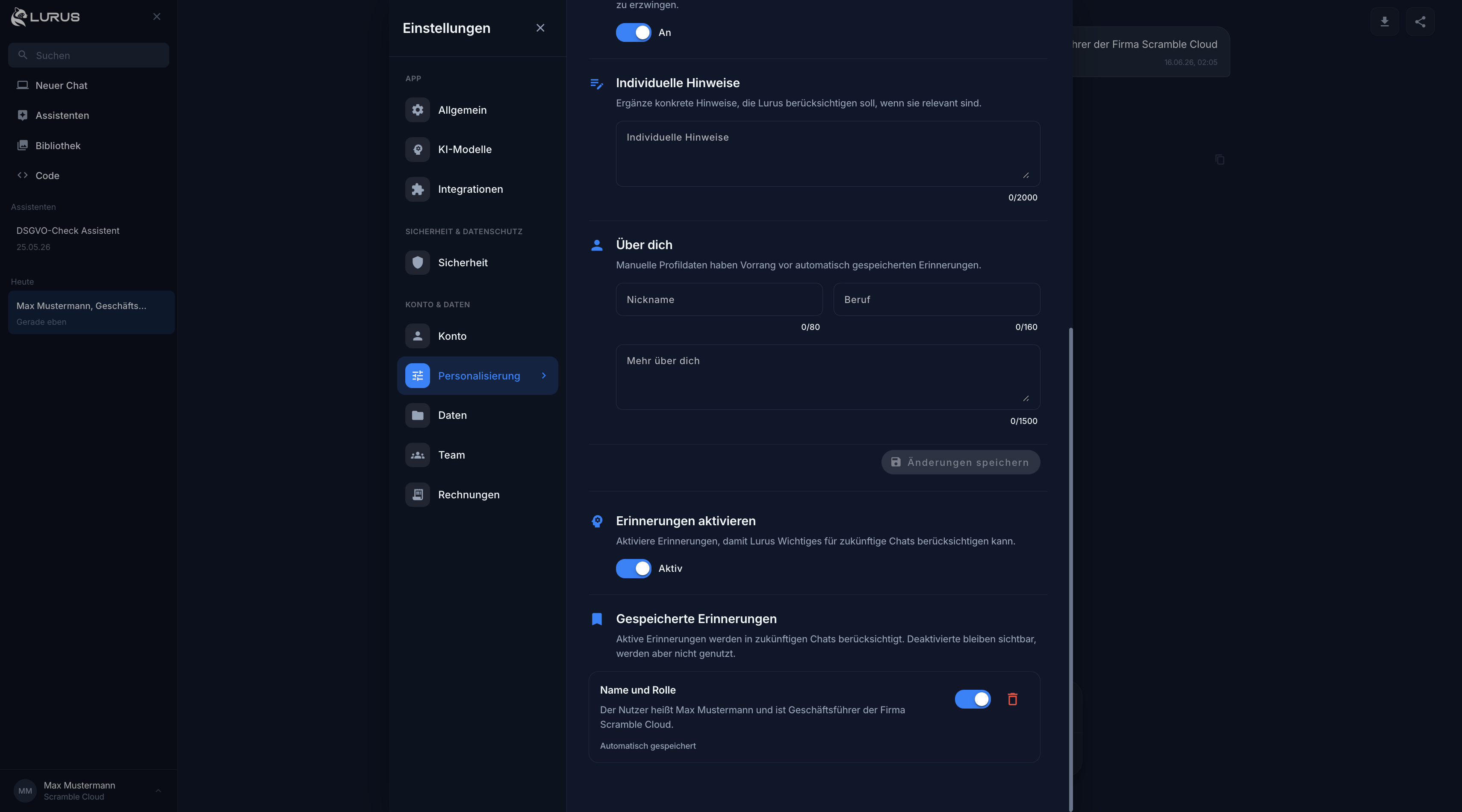Lurus settings with memory list