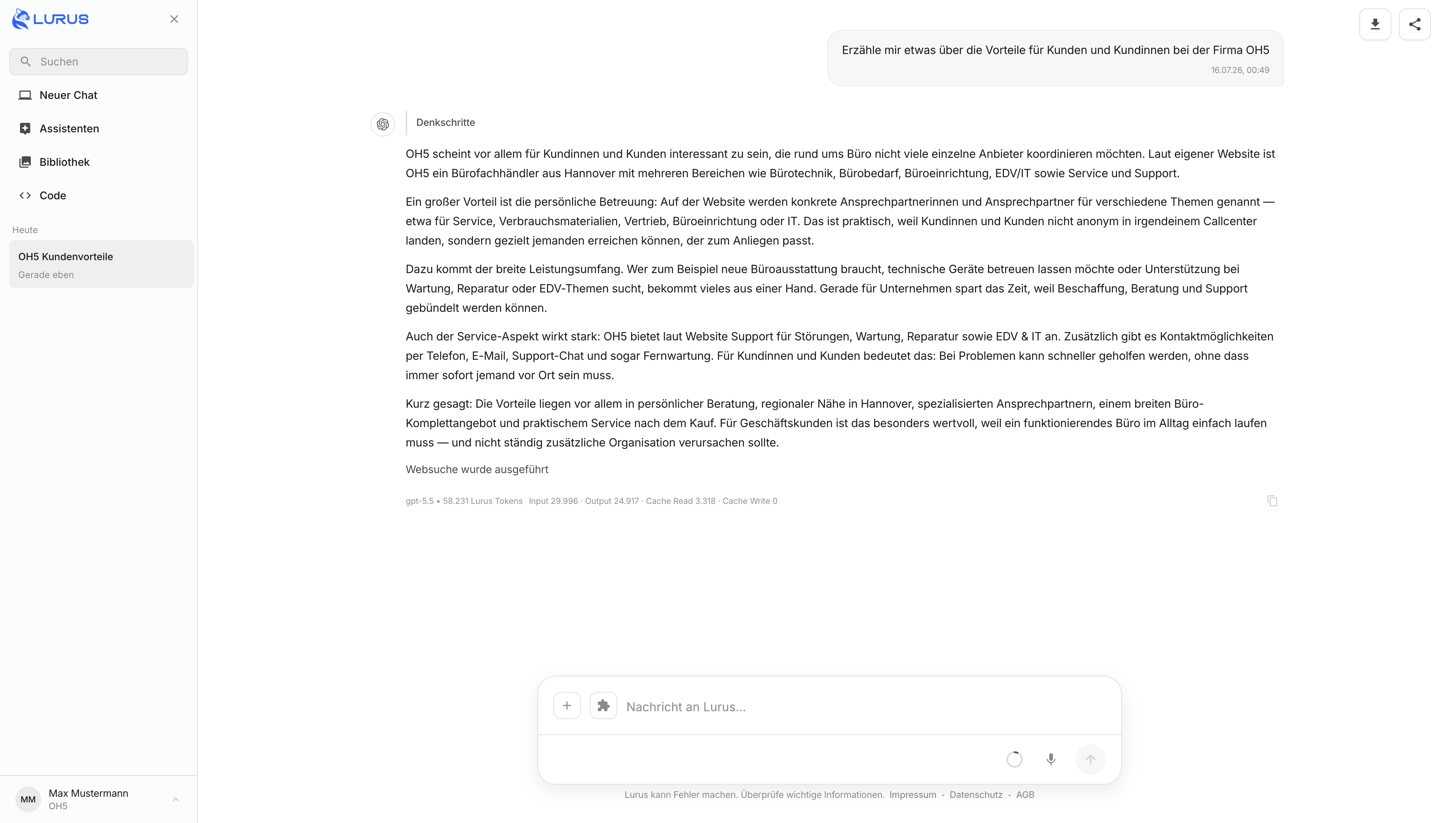 Lurus Arbeitsbereich für OH5-Kontakte mit KI-Modellen und Werkzeugen